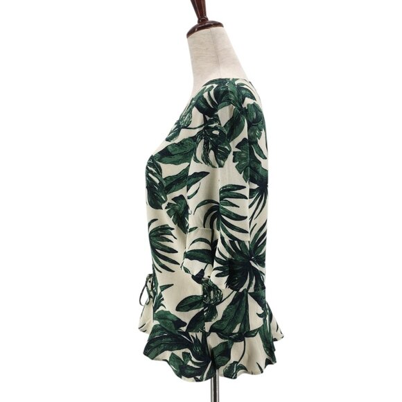 NEW H&M Womens 4 Top Tropical Leaf Ivory Green Bell Sleeve V-Neck Boho Party - Picture 4 of 10